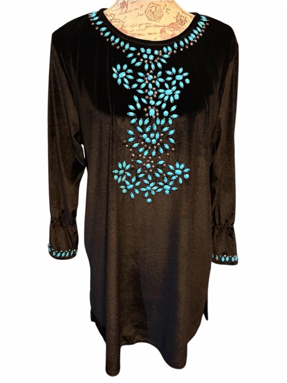 PINK Boutique Black Velvet Tunic Dress Top Size Large Turquoise Beaded Stones